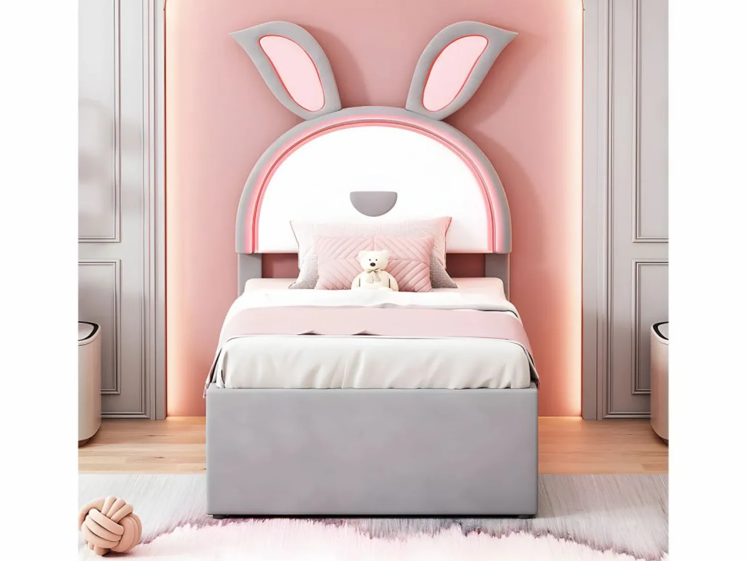 New Cama infantil 90x200cm en terciopelo - cama nido con 3 cajones y luces LED de colores - Cama Nido