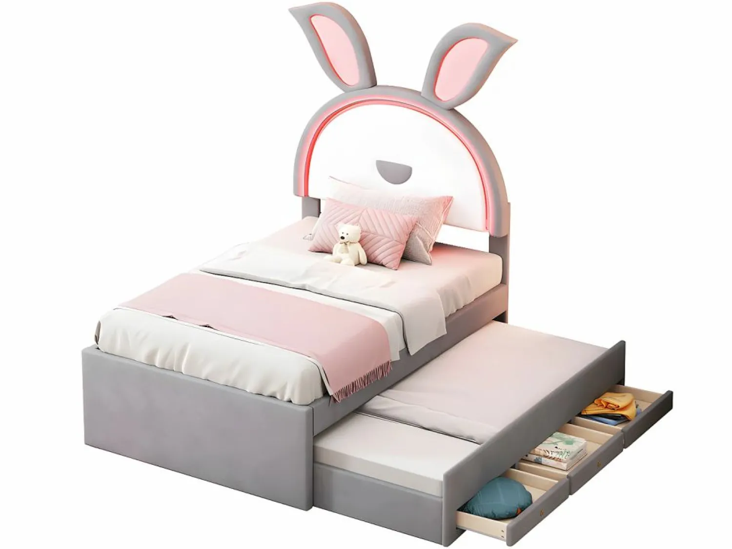 New Cama infantil 90x200cm en terciopelo - cama nido con 3 cajones y luces LED de colores - Cama Nido