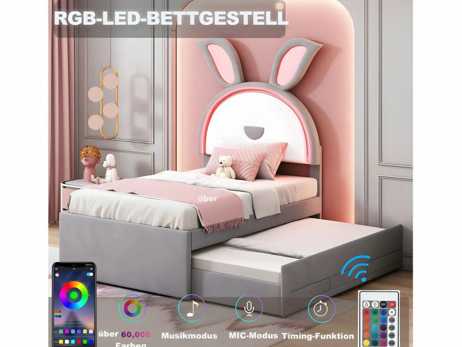 New Cama infantil 90x200cm en terciopelo - cama nido con 3 cajones y luces LED de colores - Cama Nido