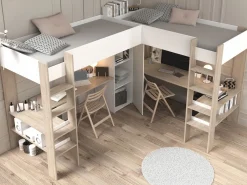 Discount Vente-unique Cama litera 2 x 90 x 200 cm con almacenamiento escritorios blanco y natural + colchón - LASCANO Color natural claro / Blanco