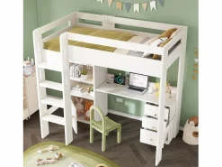 ModernLuxe Cama mezzanine de 90x200 cm - con escalera de seguridad de 4 peldaños - con mesa - con estante - con barreras de seguridad - (sin colchón)