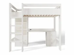 ModernLuxe Cama mezzanine de 90x200 cm - con escalera de seguridad de 4 peldaños - con mesa - con estante - con barreras de seguridad - (sin colchón)