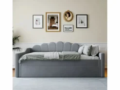 Outlet ModernLuxe Cama nido 140×200 cm - con tira LED luminosa - con somier de láminas - MDF+lino - Gris