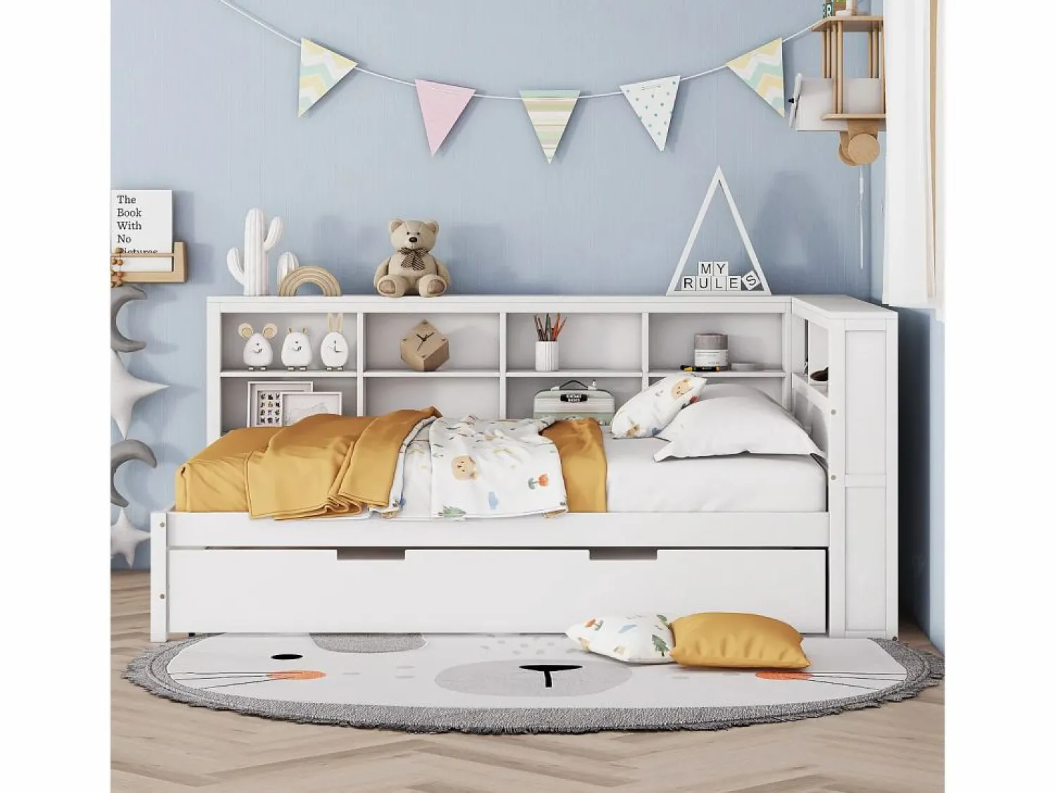 Merax Cama nido 140 x 200 cm + 90 x 190 cm con toma USB y librería - Madera maciza - (sin colchón)