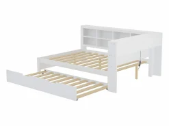 Merax Cama nido 140 x 200 cm + 90 x 190 cm con toma USB y librería - Madera maciza - (sin colchón)
