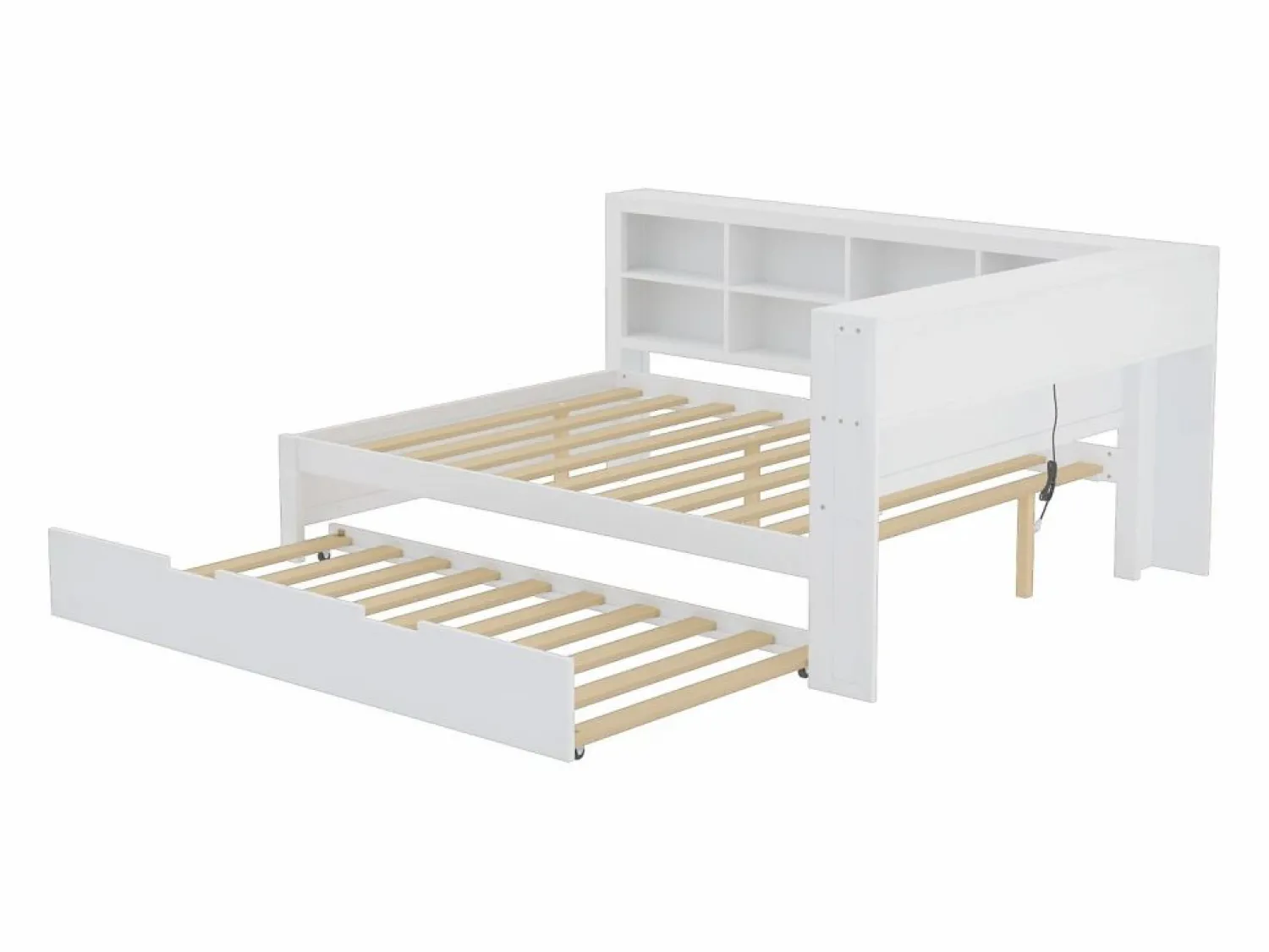 Merax Cama nido 140 x 200 cm + 90 x 190 cm con toma USB y librería - Madera maciza - (sin colchón)