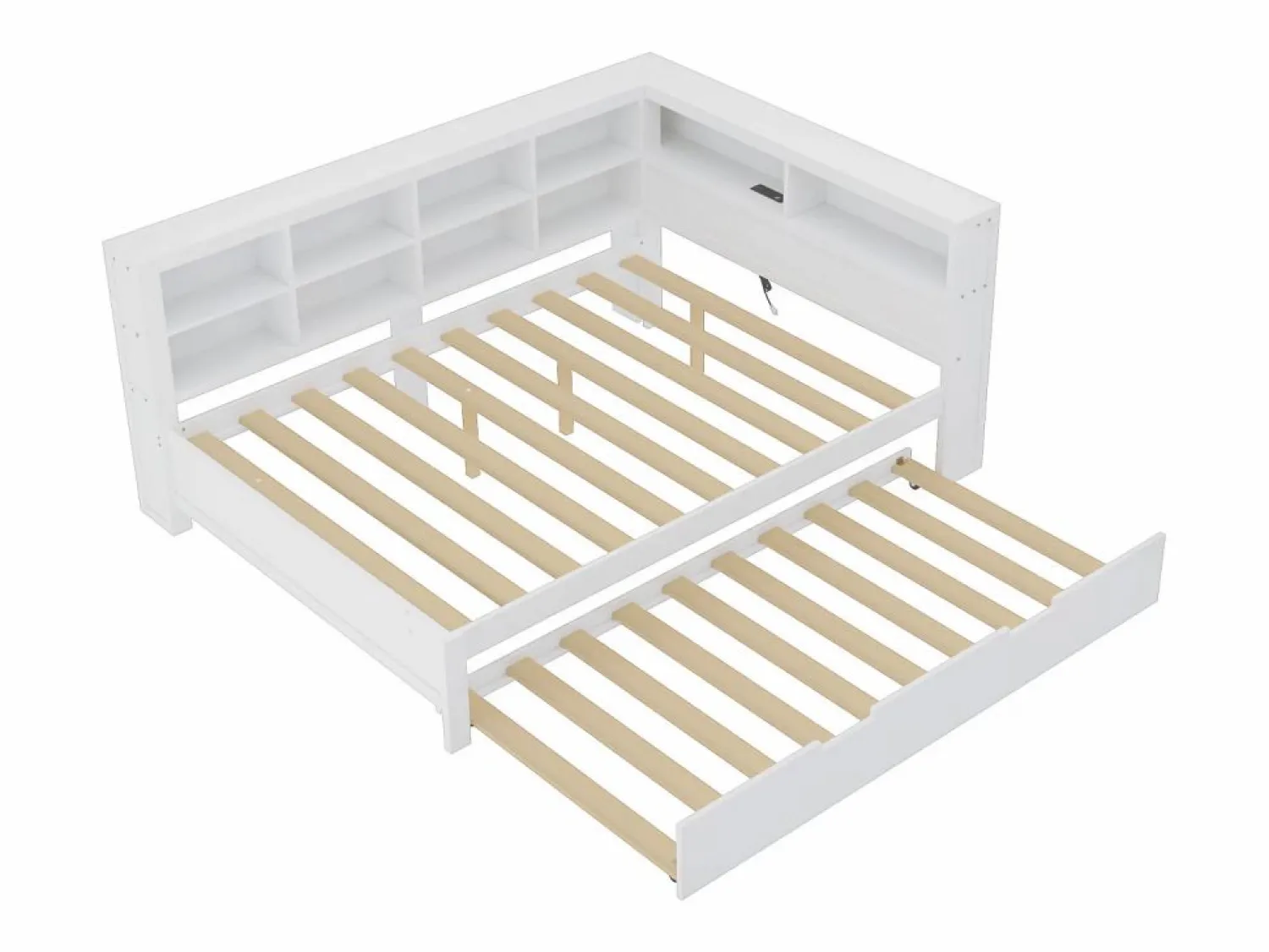 Merax Cama nido 140 x 200 cm + 90 x 190 cm con toma USB y librería - Madera maciza - (sin colchón)