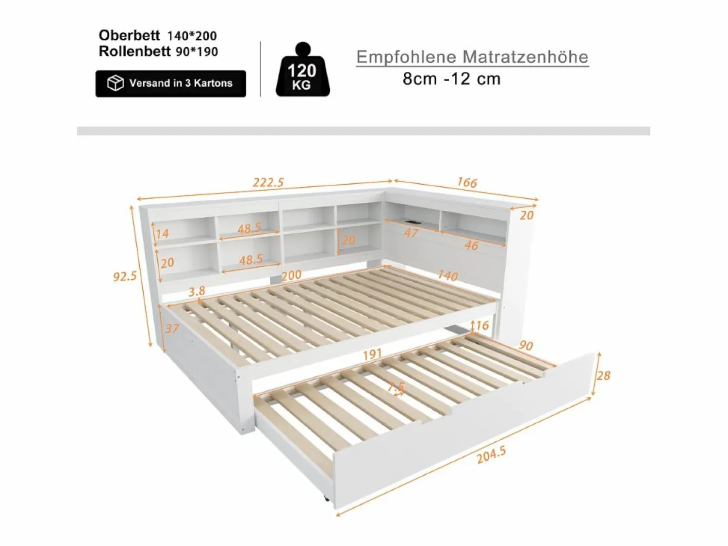 Outlet Merax Cama nido 140 x 200 cm + 90 x 190 cm con puerto USB y almacenaje - madera maciza - Blanco