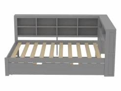 Merax Cama nido 140 x 200 cm + 90 x 190 cm con toma USB y librería - Madera maciza - (sin colchón)