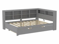 Merax Cama nido 140 x 200 cm + 90 x 190 cm con toma USB y librería - Madera maciza - (sin colchón)
