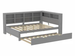 Merax Cama nido 140 x 200 cm + 90 x 190 cm con toma USB y librería - Madera maciza - (sin colchón)