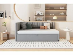 Merax Cama nido 90/180 x 200 cm en forma de L, Sofá cama - Terciopelo - Somier de láminas - claro (sin colchón)