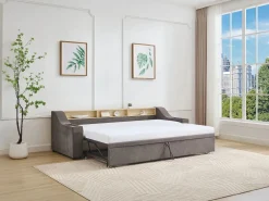 Vente-unique Cama nido 2 x 80 x 200 cm con almacenamiento y puerto USB en tela - ORAVAYA