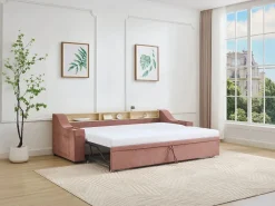 Vente-unique Cama nido 2 x 80 x 200 cm con almacenamiento y puerto USB de tela - ORAVAYA
