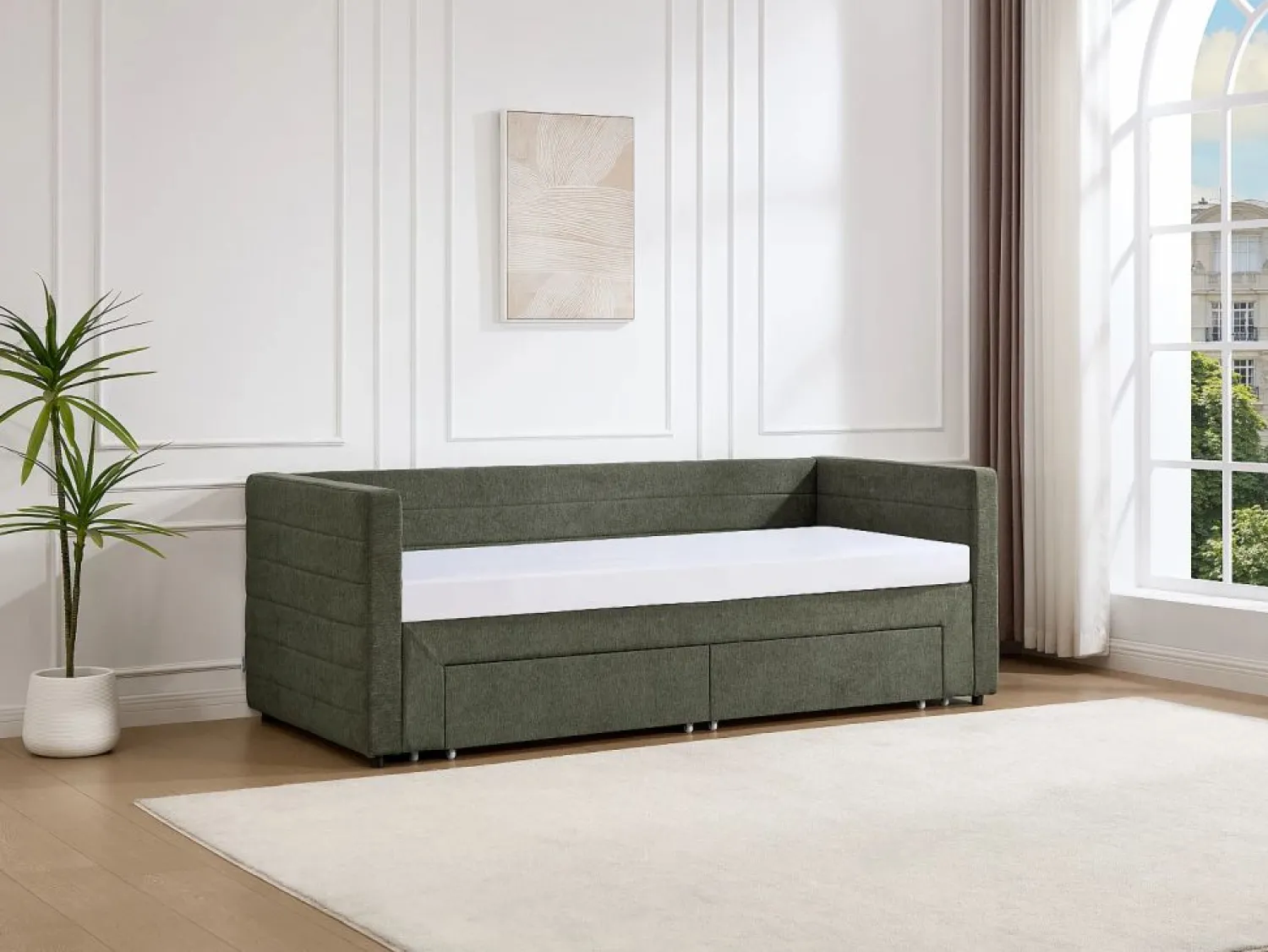 Hot Vente-unique Cama nido 2 x 80 x 200 cm con somier de lamas y cajones en tejido texturizado - CAMITY Verde