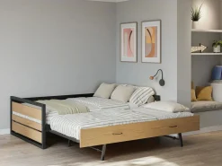 Outlet Vente-unique Cama nido 120 x 200 y 90 x 200 cm en MDF pino y metal natural y antracita - BOSTON Color natural claro