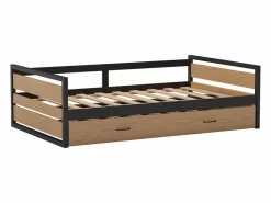 Outlet Vente-unique Cama nido 120 x 200 y 90 x 200 cm en MDF pino y metal natural y antracita - BOSTON Color natural claro