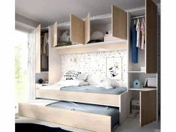 Clearance Cama nido con puente y compartimentos 90 x 190 cm - Color roble y blanco SELENA Cama Nido