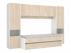 Clearance Cama nido con puente y compartimentos 90 x 190 cm - Color roble y blanco SELENA Cama Nido