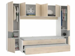 Online Cama nido con puente y compartimentos 90 x 190 cm roble y blanco con colchón SELENA Cama Nido
