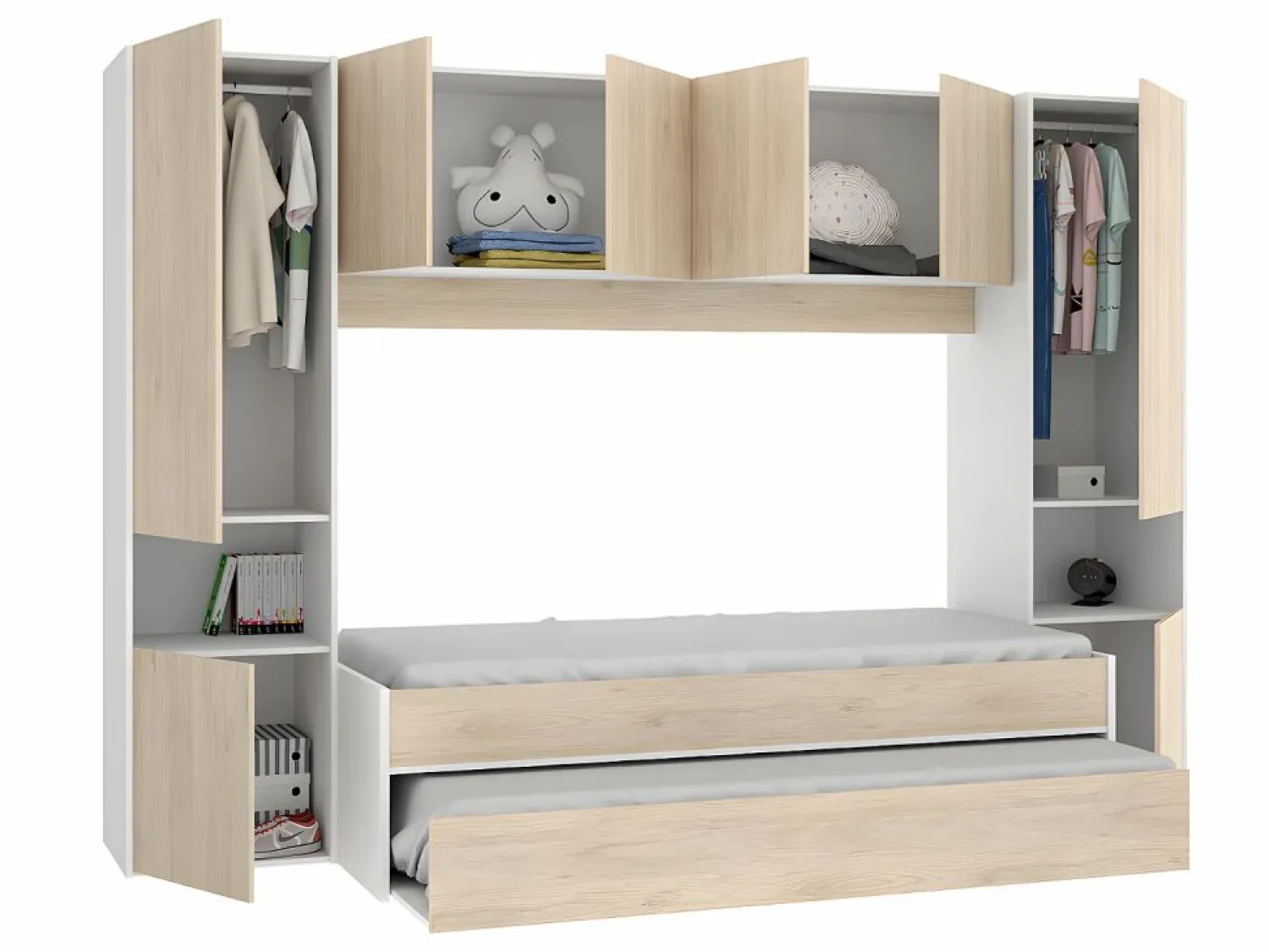 Online Cama nido con puente y compartimentos 90 x 190 cm roble y blanco con colchón SELENA Cama Nido