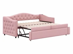Sale ModernLuxe Cama nido de lino 90x200 cm y 90x190 cm - con puerto USB y somier - Rosa