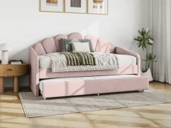 Vente-unique Cama nido en forma de concha 2 x 90 x 190 cm en terciopelo con colchón - ELUSIA