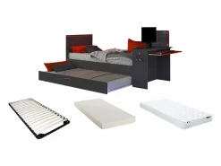 Vente-unique Cama nido gamer 90 x 200 et 90 x 190 cm escritorio LEDs antracita y rojo + colchón VOUANI