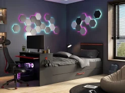 New Cama nido gamer 2 x 90 x 200 con escritorio y LEDs antracita y rojo + somier VOUANI Cama Nido|Cama Infantil