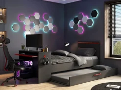 New Cama nido gamer 2 x 90 x 200 con escritorio y LEDs antracita y rojo + somier VOUANI Cama Nido|Cama Infantil
