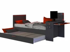 New Cama nido gamer 2 x 90 x 200 con escritorio y LEDs antracita y rojo + somier VOUANI Cama Nido|Cama Infantil