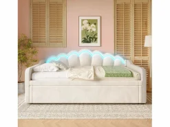Best Hauss Spole Cama nido infantil 90x200 cm con LED convertible en cama para adultos 180x200 cm, terciopelo, , sin colchón Beige