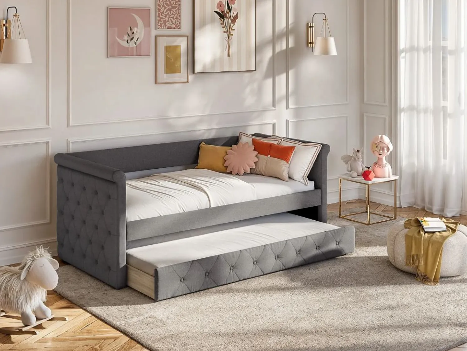 Vente-unique Cama nido LOUISE con diván tapizado en tela , 2x90x190cm Gris