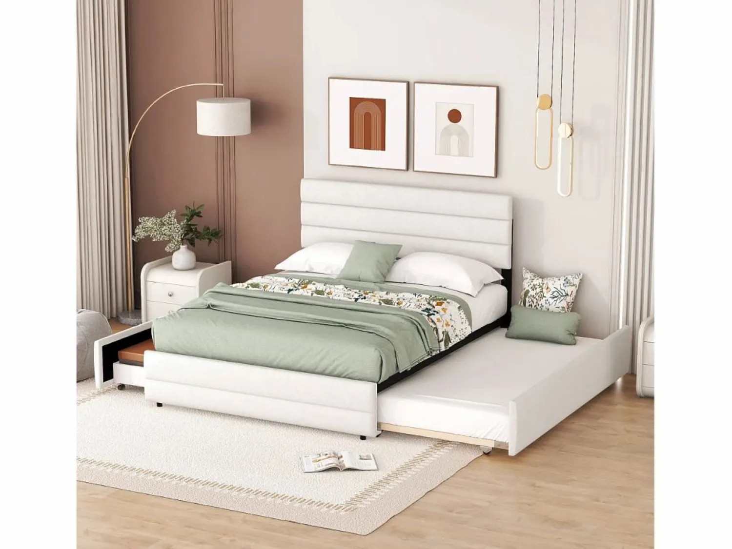 Best Cama nido para adultos y niños 140 x 200 cm y 90 x 190 cm - Cama con plataforma extensible con 2 cajones con somier y cabecero - Blanco