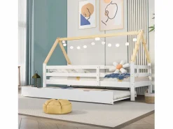 Cama nido 90x200/190 cm - Cama infantil con somier de láminas de madera y ruedas - y natural