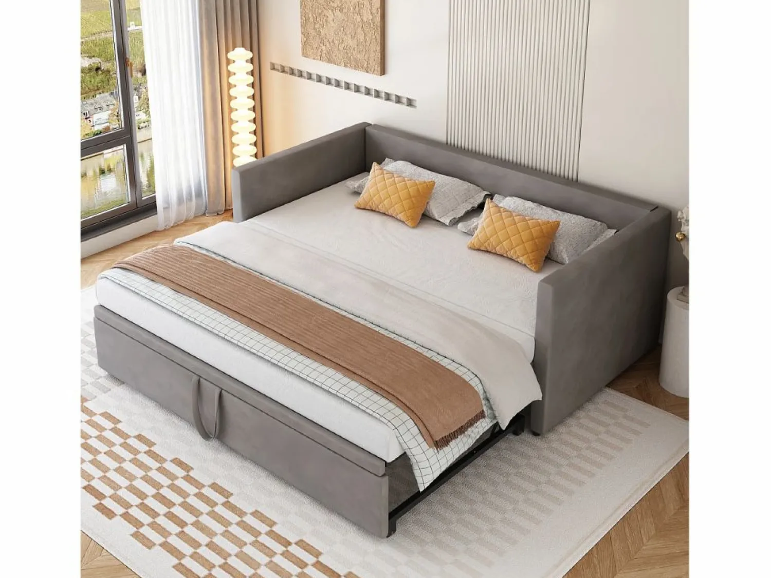 Cama nido 90/180x200 cm - sofá cama tapizado - cama extensible con somier - cama multifunción en tejido de terciopelo agradable para la piel - Cama Nido
