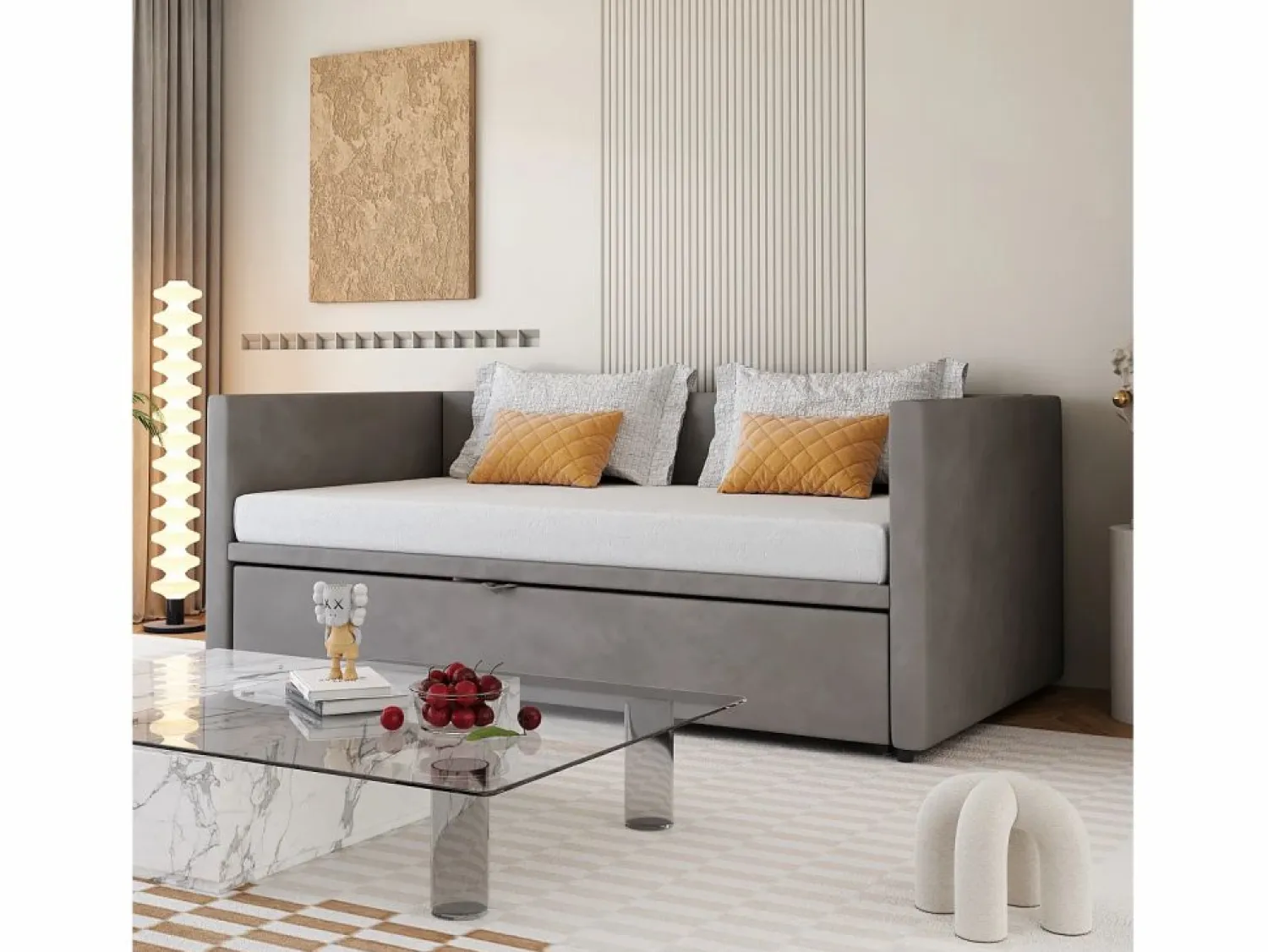 Cama nido 90/180x200 cm - sofá cama tapizado - cama extensible con somier - cama multifunción en tejido de terciopelo agradable para la piel - Cama Nido