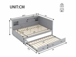 New Cama nido 140x200 cm + 90x190 cm con 2 puertas correderas y tomas USB - LED - Tablero aglomerado + MDF - (sin colchón) Cama Diván