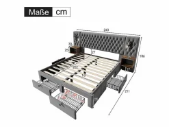 Clearance Cama nido 160x200 cm en terciopelo - Con 4 cajones, 2 mesitas, USB y lámpara de lectura Cama Terciopelo