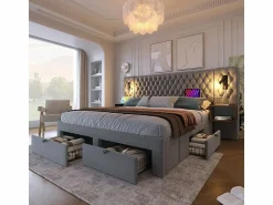 Clearance Cama nido 160x200 cm en terciopelo - Con 4 cajones, 2 mesitas, USB y lámpara de lectura Cama Terciopelo