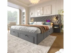 Clearance Cama nido 160x200 cm en terciopelo - Con 4 cajones, 2 mesitas, USB y lámpara de lectura Cama Terciopelo