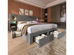 Clearance Cama nido 160x200 cm en terciopelo - Con 4 cajones, 2 mesitas, USB y lámpara de lectura Cama Terciopelo