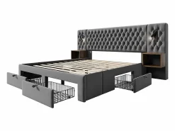 Clearance Cama nido 160x200 cm en terciopelo - Con 4 cajones, 2 mesitas, USB y lámpara de lectura Cama Terciopelo