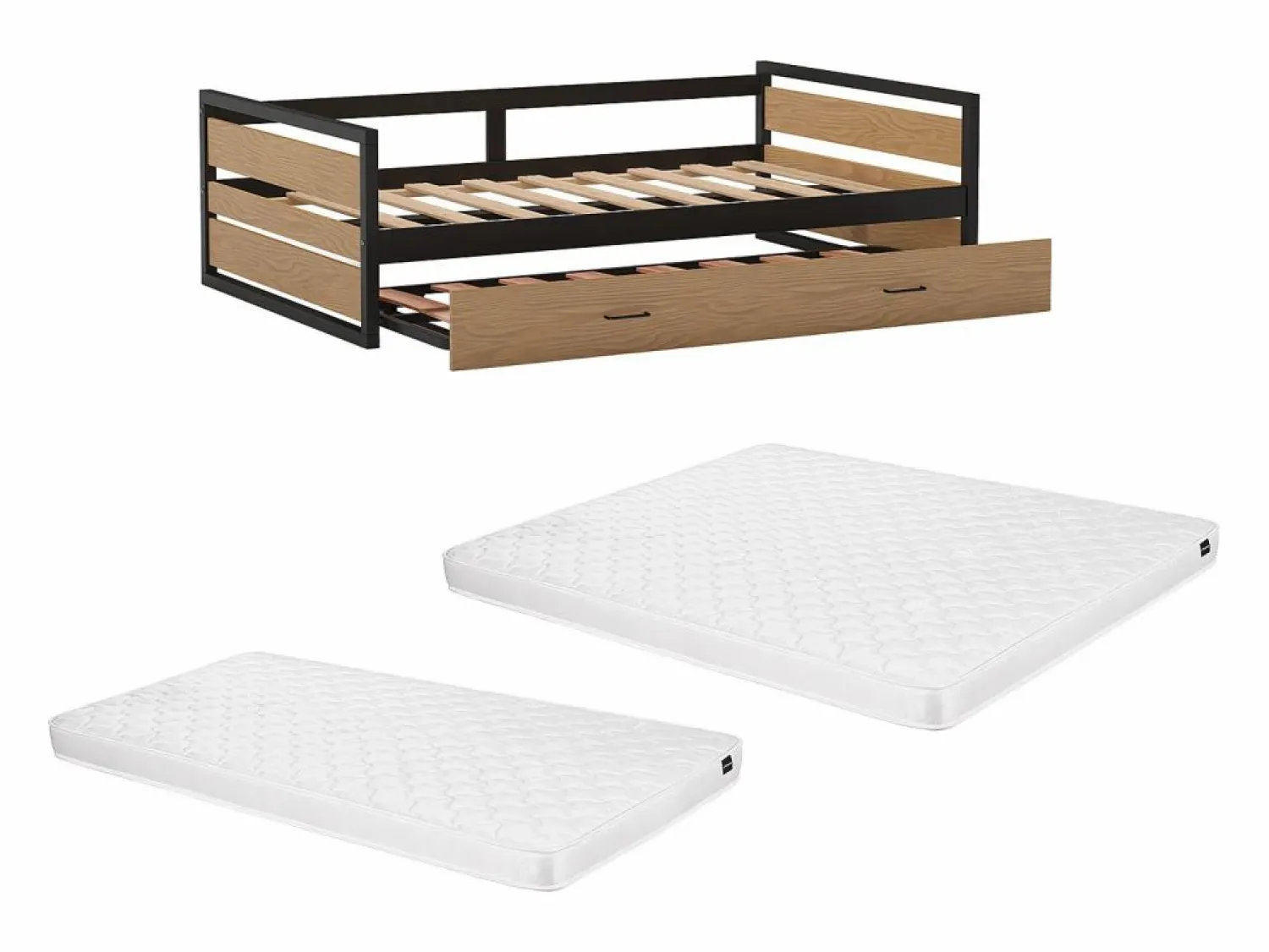 Outlet Cama nido 90x200 y 120x200 cm MDF pino y metal natural y antracita + Colchón - BOSTON Cama Nido|Cama Infantil