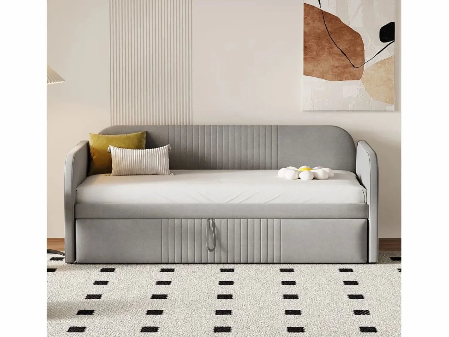 New Cama nido 90-180x190cm, sofá cama acolchado a rayas verticales, con somier de láminas, sin colchón, tela de lino, Cama Diván|Cama Nido