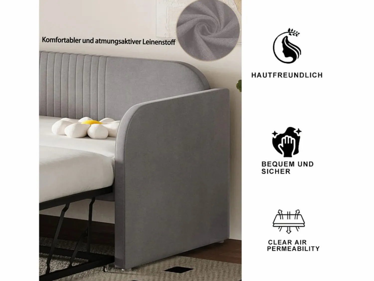 New Cama nido 90-180x190cm, sofá cama acolchado a rayas verticales, con somier de láminas, sin colchón, tela de lino, Cama Diván|Cama Nido