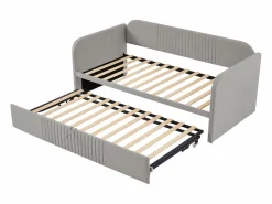 New Cama nido 90-180x190cm, sofá cama acolchado a rayas verticales, con somier de láminas, sin colchón, tela de lino, Cama Diván|Cama Nido