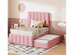 Clearance Cama nido 90x200cm+90x190cm, cama con ruedas con 3 cajones, cama tapizada en lino, para niños y jóvenes, color Rosa