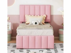 Clearance Cama nido 90x200cm+90x190cm, cama con ruedas con 3 cajones, cama tapizada en lino, para niños y jóvenes, color Rosa