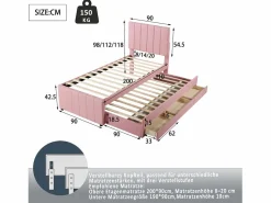 Clearance Cama nido 90x200cm+90x190cm, cama con ruedas con 3 cajones, cama tapizada en lino, para niños y jóvenes, color Rosa